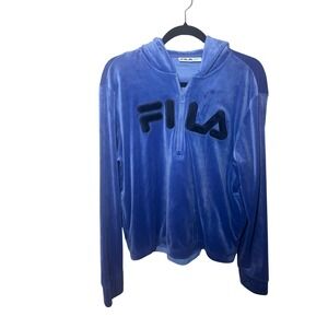 FILA Womens Velour Half Zip Hoodie Size M Blue Velvet Logo Y2K Athleisure